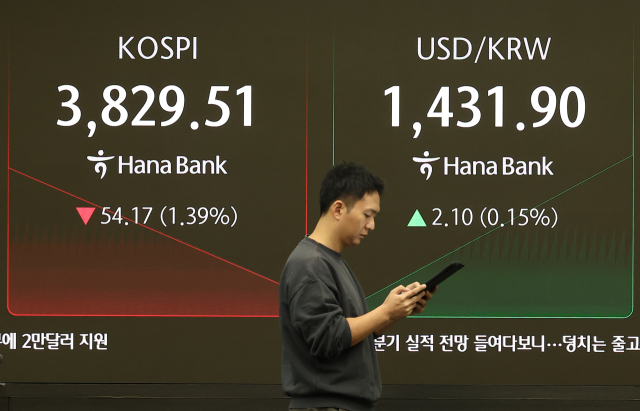 23일 오전 서울 중구 하나은행 본점 딜링룸 현황판에 코스피 지수와 원달러 환율이 표시돼 있다. 연합뉴스