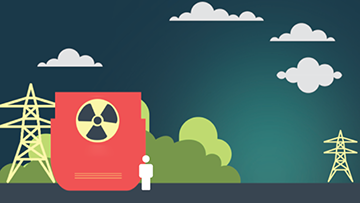 Illustration of a person near a radiation hazard symbol.